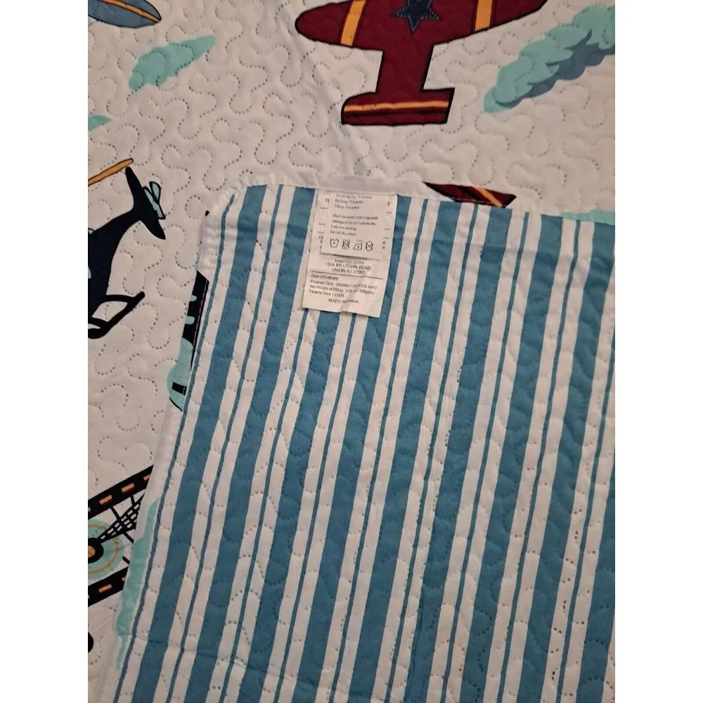 Airplane Twin Quilt Comforter Mantex Blue White Striped Red Boys Room Nursery
